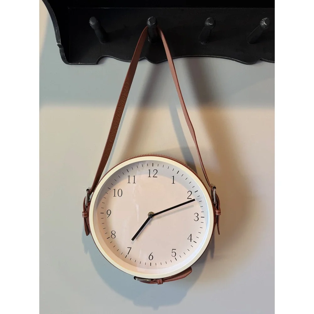 Modern Round Wall Clock with Brown Faux Leather Belt‎ Strap Hanging Detail 11